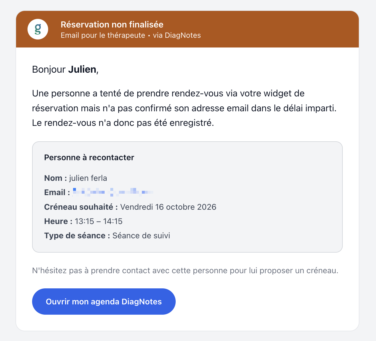 L'e-mail d'alerte reçu par le thérapeute lorsqu'une réservation n'a pas été confirmée