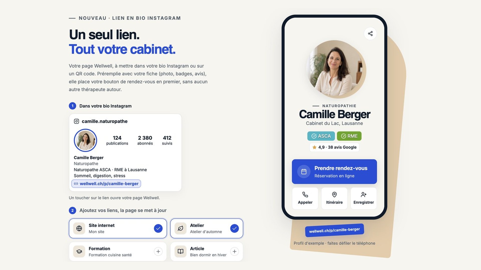 Un lien en bio Instagram pour thérapeute : ta page wellwell.ch en 30 secondes